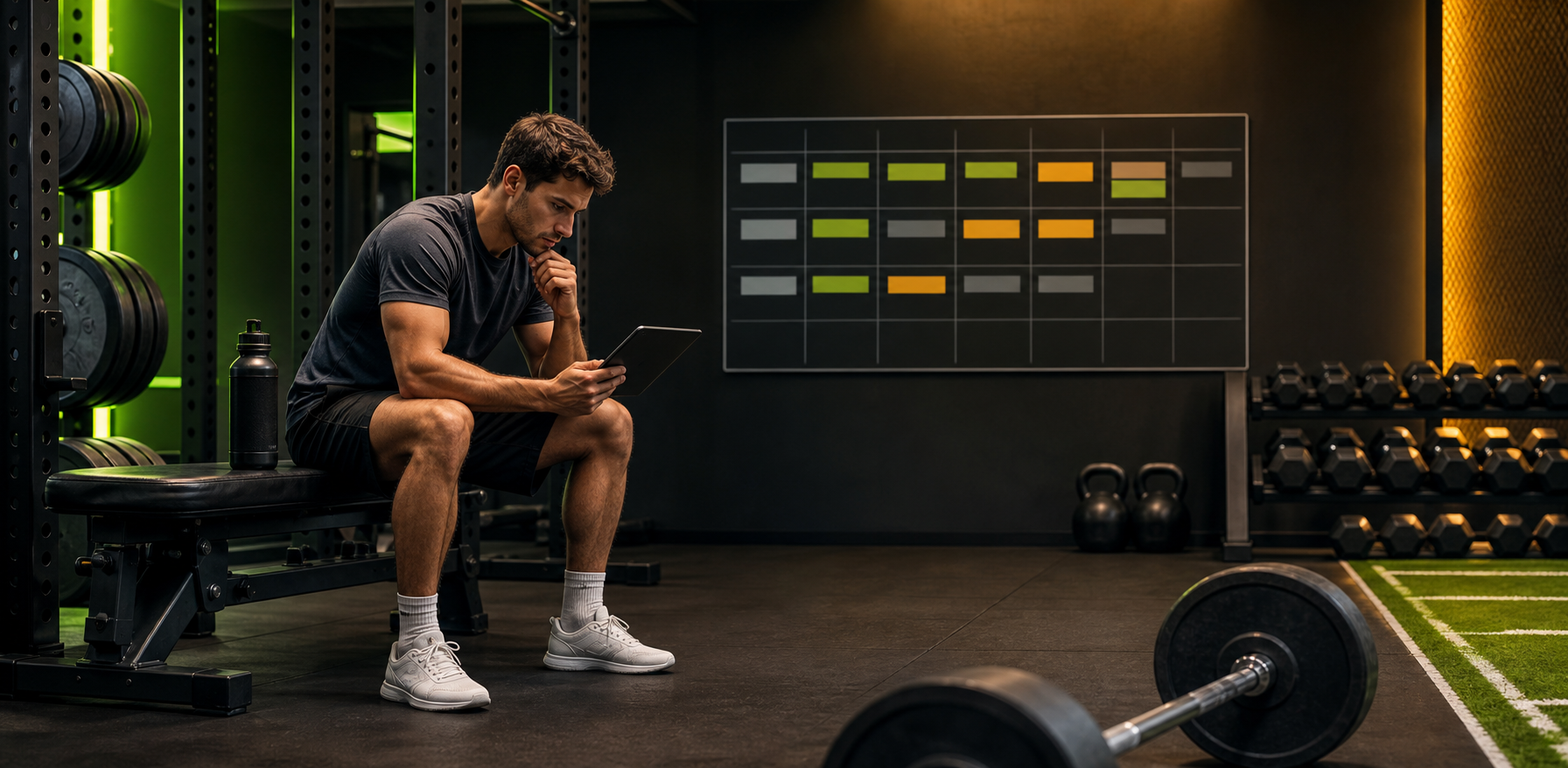 A lifter planning a weekly workout split in a modern gym with strength training equipment.
