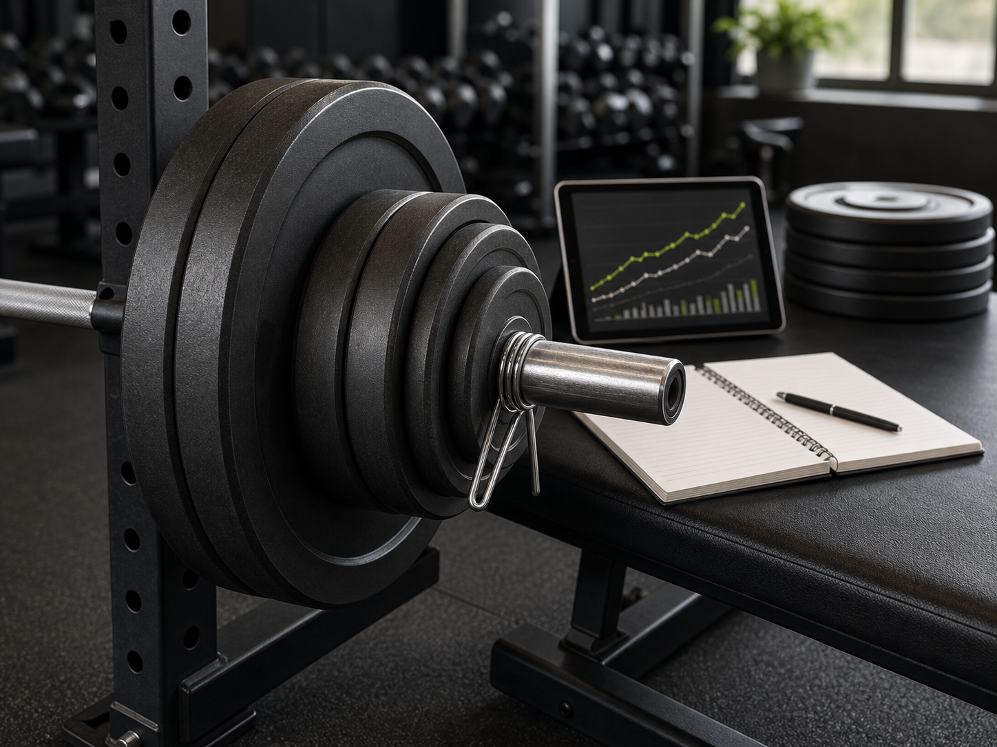 A barbell, weight plates, and a training log showing an abstract upward progress chart.